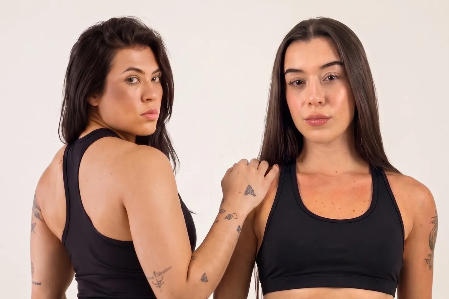 Rafaela Schumacher e Francielli Candido, lado a lado, de roupa de treino preta